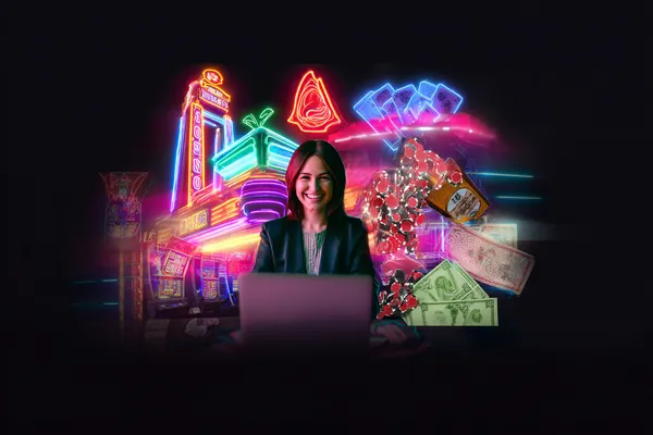 A woman in a luxurious green gown next to an ornate roulette wheel, capturing the upscale casino mood of BIGPARI.
